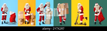 Ensemble de Père Noël avec des colis sur fond de couleur Banque D'Images