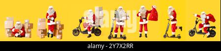 Ensemble de Père Noël avec des colis sur fond jaune Banque D'Images