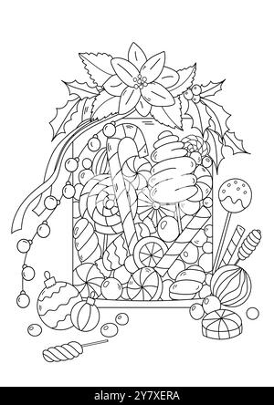 Page de coloriage pour adultes et enfants - Christmas Candy Jar stress relief livre de coloriage Illustration de Vecteur