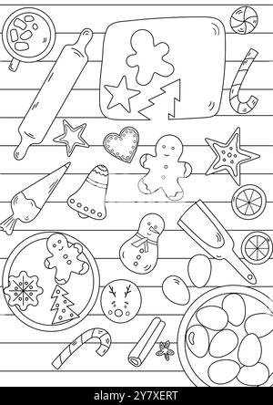 Coloriage préparation de biscuits de pain d'épices de Noël, vue sur le dessus de la table, est Un soulagement du stress pour les adultes et les enfants Illustration de Vecteur