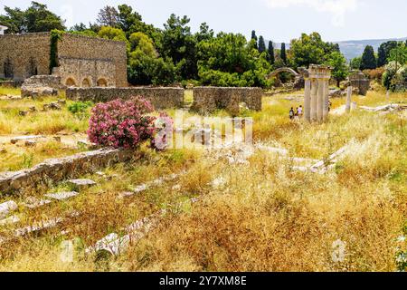 Site archéologique occidental à Kos ville sur l'île de Kos en Grèce : nymphée, bains occidentaux, passerelle de la gymnase (gymnase) Banque D'Images