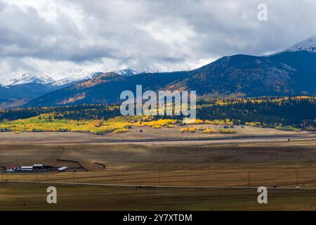 Première chute de neige le premier jour de l'automne dans les Rocheuses du Colorado se mélange avec les couleurs changeantes des arbres Banque D'Images