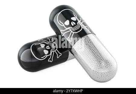 Gélules de pilule avec du poison. Capsules empoisonnées. Rendu 3D isolé sur fond blanc Banque D'Images