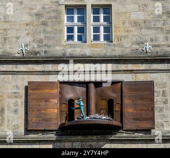 Représentation du spectacle de marionnettes pied Piper à la maison de mariage, vieille ville de Hameln, basse-Saxe, Allemagne Banque D'Images