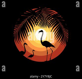 Les flamants roses de Floride sont vus en silhouette devant un coucher de soleil graphique circulaire et de belles frondes de palmier dans cette illustration de vacances de plage tropicale. Banque D'Images