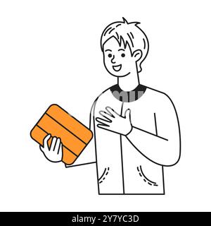 Jeune homme souriant tenant l'icône de vecteur de couleur de ligne de tablette Illustration de Vecteur