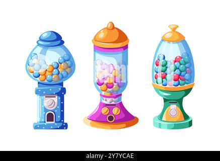 Distributeurs automatiques avec jeu d'icônes de couleur plate de gumballs et de mâchages Illustration de Vecteur