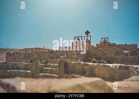 Caral, site du patrimoine mondial de l'UNESCO et la plus ancienne ville des Amériques. Situé dans la vallée de Supe, 200km au nord de Lima, Pérou Banque D'Images