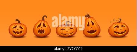 Jack-o-lanterne effrayante avec des visages drôles d'icônes réalistes Illustration de Vecteur