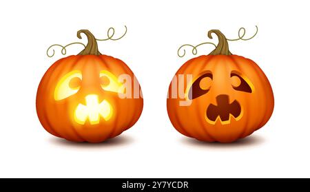Citrouilles terrifiées avec des icônes réalistes de lumière et d'ombre Illustration de Vecteur