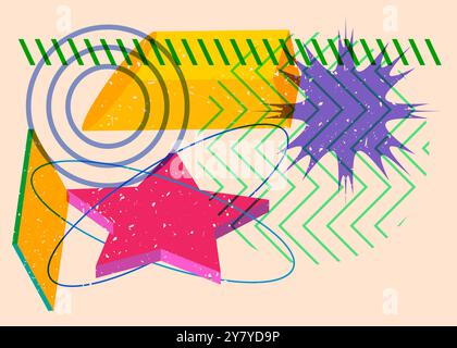 Formes géométriques colorées. Objet dans la conception graphique riso tendance. Éléments géométriques abstraits risographie imprimer le style de texture. Illustration de Vecteur