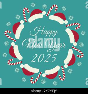 Canne à bonbons, chapeau de Père Noël et flocons de neige cadre rond festif avec lettrage Happy New Year 2025. Illustration vectorielle isolée cartes de vœux, invitation, affiche, flyer, dépliant, étiquette ou web, promo Illustration de Vecteur