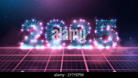 Bonne nouvelle année 2025 carte de voeux, numéros d'un maillage filaire polygonal avec fumée rose. Arrière-plan abstrait. Illustration vectorielle. Illustration de Vecteur