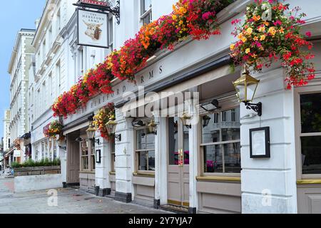 Les pubs londoniens ont des extérieurs colorés décorés de fleurs Banque D'Images