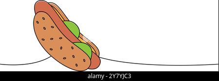 Dessin continu coloré d'une ligne Hot-dog. En-cas à emporter. Illustration linéaire vectorielle. Illustration de Vecteur