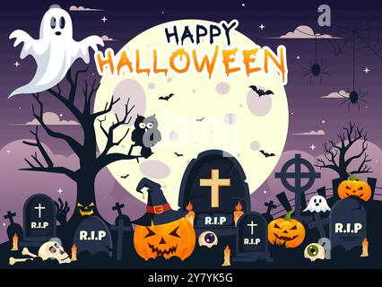 Happy Halloween Night Vector illustration mettant en vedette des citrouilles au clair de lune, des fantômes et d'autres éléments Spooky dans un fond de dessin animé plat Illustration de Vecteur