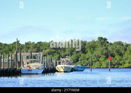 Everglades City, Floride, États-Unis - 01-07-2016 : une vue de plusieurs bateaux de pêche amarrés dans un petit port dans les Everglades. Banque D'Images