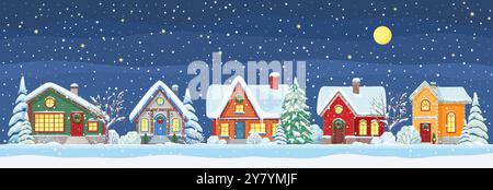 Paysage de ville d'hiver. Scène de campagne de nuit de Noël vecteur avec des chalets enneigés décorés et des arbres givrés sous la pleine lune et les flocons de neige tombant, créer une ambiance de vacances sereine et magique tranquille Illustration de Vecteur