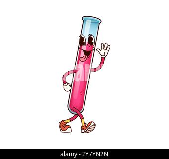 Personnage de flacon scolaire groovy avec liquide rouge et expression originale, promouvant la science de la chimie, les projets scolaires éducatifs et les environnements d'apprentissage ludiques dans une approche rétro amusante et engageante Illustration de Vecteur