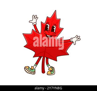 Personnage groovy de feuille d'érable rouge. Dessin animé vecteur de feuillage heureux personnage avec une expression amusante et ludique, incarne les vibes d'automne joyeuses pour des thèmes saisonniers et naturels, symbole de la culture canadienne Illustration de Vecteur