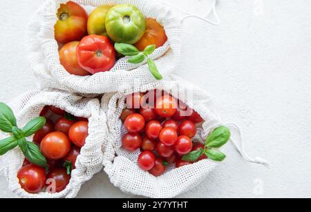 Trois sacs réutilisables débordant d'un assortiment vibrant de tomates fraîchement cueillies reposant sur une surface légère, idéal pour la cuisson ou les salades. Banque D'Images