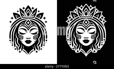 Image décorative de la jeune reine. Icône de vecteur noir et blanc dans le style de tatouage tribal. Illustration symétrique. Une femme dans une couronne. Généré par AI. Illustration de Vecteur