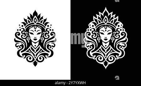 Une image décorative de la reine de fantaisie maléfique. Icône de vecteur noir et blanc dans le style de tatouage tribal. Le beau visage d'une femme asiatique adulte. Généré par AI Illustration de Vecteur