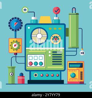 Une illustration colorée et ludique représentant une machine futuriste avec diverses commandes. jauges. et les cadrans. Parfait pour représenter l'innovation. tech Illustration de Vecteur