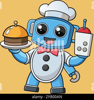 Un chef robot sympathique portant un chapeau de chef et tenant un plateau avec un plat couvert. Parfait pour illustrer des concepts comme l'IA. la technologie dans le service alimentaire Illustration de Vecteur