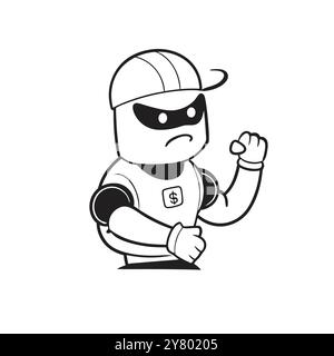 Un robot de dessin animé portant une casquette de baseball avec un signe dollar sur sa poitrine. Le robot a une expression déterminée et le poing serré. puissance de convoyage et s Illustration de Vecteur