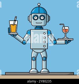 Un serveur robot sympathique sert des boissons avec le sourire. présenter l'avenir de l'hospitalité. Illustration de Vecteur