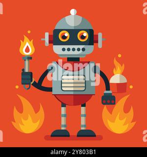 Un robot sympathique avec des accents rouges et argentés se tient sur les flammes. tenant une torche dans une main et une bougie allumée dans l'autre. Ce design ludique évoque f Illustration de Vecteur