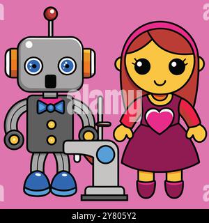 Robot de dessin animé mignon et fille tenant la main avec un coeur sur sa robe. Illustration de Vecteur