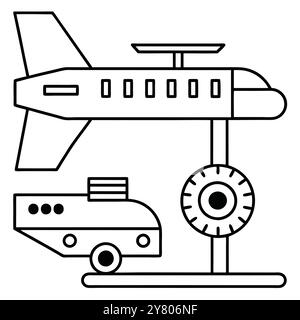 Simple dessin au trait d'un avion chargé sur un chariot à bagages. Cette icône est parfaite pour les sites Web. applis. et des présentations liées aux voyages. l Illustration de Vecteur