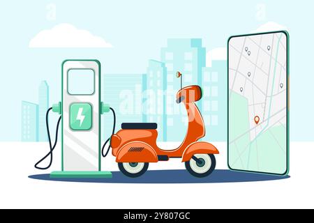 Scooter rouge électrique et station de recharge, smartphone, bâtiments de ville au loin, fond de paysage urbain. Service de charge et de partage de scooter Illustration de Vecteur