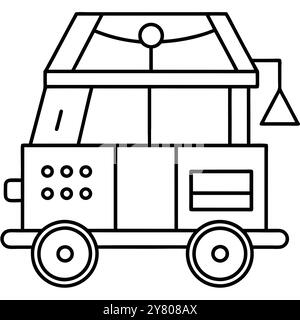 Illustration simple d'art au trait d'un train jouet avec un plat. wagon ouvert. Parfait pour les livres pour enfants. matériel pédagogique. et emballage de jouet. Illustration de Vecteur