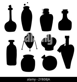 Ensemble vectoriel de potions magiques et de pictogrammes de poisons isolés du fond. Collection de silhouettes noires de bouteilles et flacons pour logos, autocollants Illustration de Vecteur