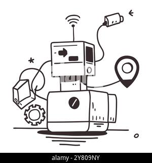 Un doodle fantaisiste d'un robot avec un écran. une broche de positionnement. et une batterie. Symbolisant la puissance de l'IA et ses services basés sur la localisation. Illustration de Vecteur