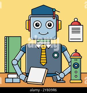 Un robot sympathique portant une casquette de graduation et une cravate tient un livre. Représenter l'éducation à l'IA et la technologie future. Illustration de Vecteur