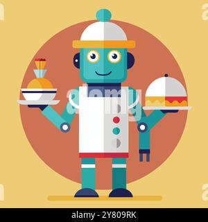 Un serveur robot amical sert de la nourriture aux clients. Le robot est conçu dans un style de dessin animé plat avec des couleurs vives et des formes simples. Illustration de Vecteur