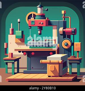 Une illustration de dessin animé d'une machine de travail des métaux. avec un fond vert et des couleurs éclatantes. L'image est idéale pour les thèmes industriels et manufacturiers Illustration de Vecteur