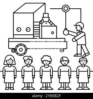 Illustration simple d'une machine et d'une personne interagissant avec cinq personnes. Parfait pour les concepts d'automatisation. AI. et main-d'œuvre. Illustration de Vecteur