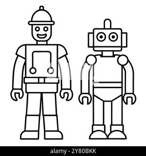 Une illustration simple de dessin au trait mettant en vedette un robot sympathique et un robot humanoïde. Parfait pour les livres pour enfants. matériel pédagogique. ou des conceptions de site web Illustration de Vecteur