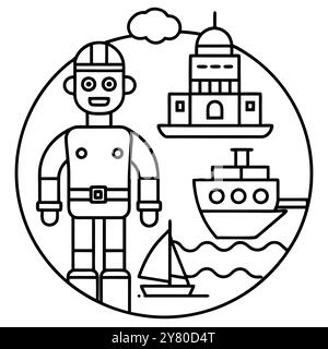 Une illustration ludique représentant un robot debout à côté d'un bateau. voilier. et un phare. Parfait pour les livres pour enfants. matériel pédagogique. an Illustration de Vecteur