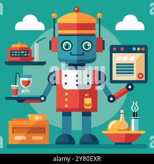 Un serveur robot amical dans un uniforme rouge sert des boissons et des friandises. Mettre en valeur le potentiel de l’IA dans l’industrie hôtelière. Illustration de Vecteur