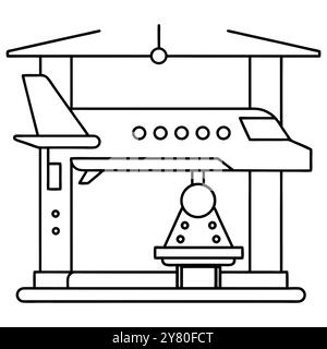 Simple dessin au trait d'un avion en cours d'assemblage dans une usine. Illustration de Vecteur