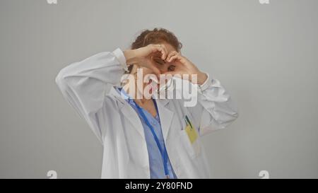 Une jeune femme caucasienne joyeuse médecin fait un geste cardiaque sur un fond blanc isolé Banque D'Images