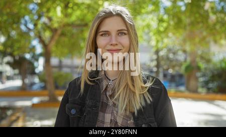 Une jeune femme blonde et caucasienne avec un beau sourire, habillée de façon décontractée, se tient dehors dans un parc verdoyant de la ville par une journée ensoleillée. Banque D'Images