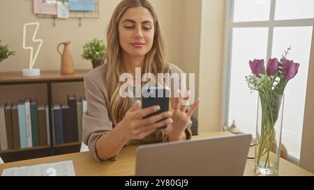 Une femme concentrée utilise smartphone par ordinateur portable dans une configuration de bureau à domicile avec des fleurs et un décor. Banque D'Images