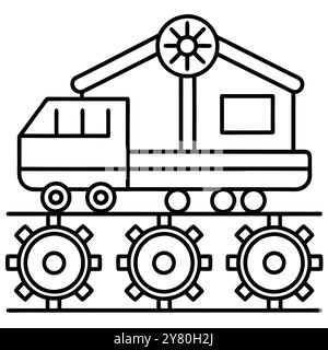 Un simple dessin au trait d'un camion sur une bande transporteuse avec engrenages. Le design est minimal et moderne. convient pour une utilisation dans les présentations. sites web. et app Illustration de Vecteur